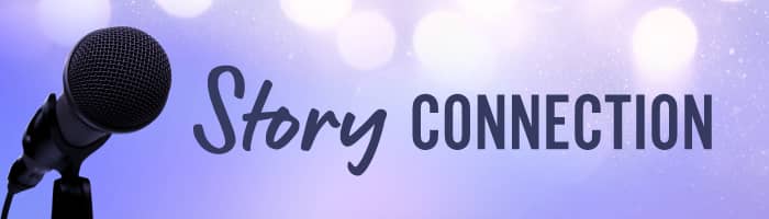 black microphone, "Story Connection" on purple background with white spotlight