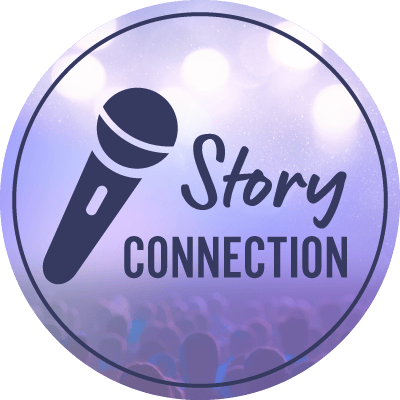 text: Story connection with microphone against purplish background