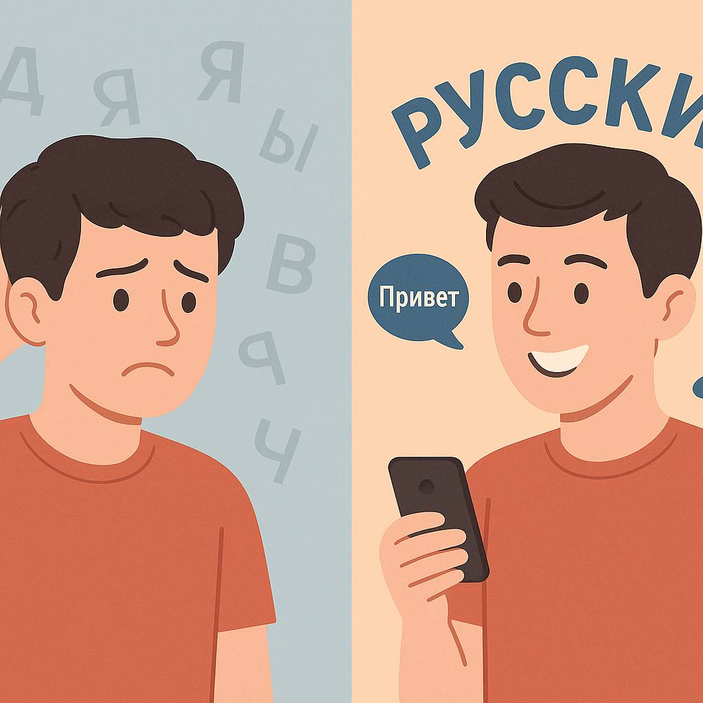 Guy on the left confused. Guy on the right speaking Russian, no longer confused after learning.