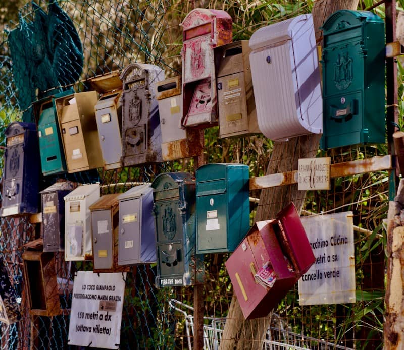 A collection of various, old mailboxes.