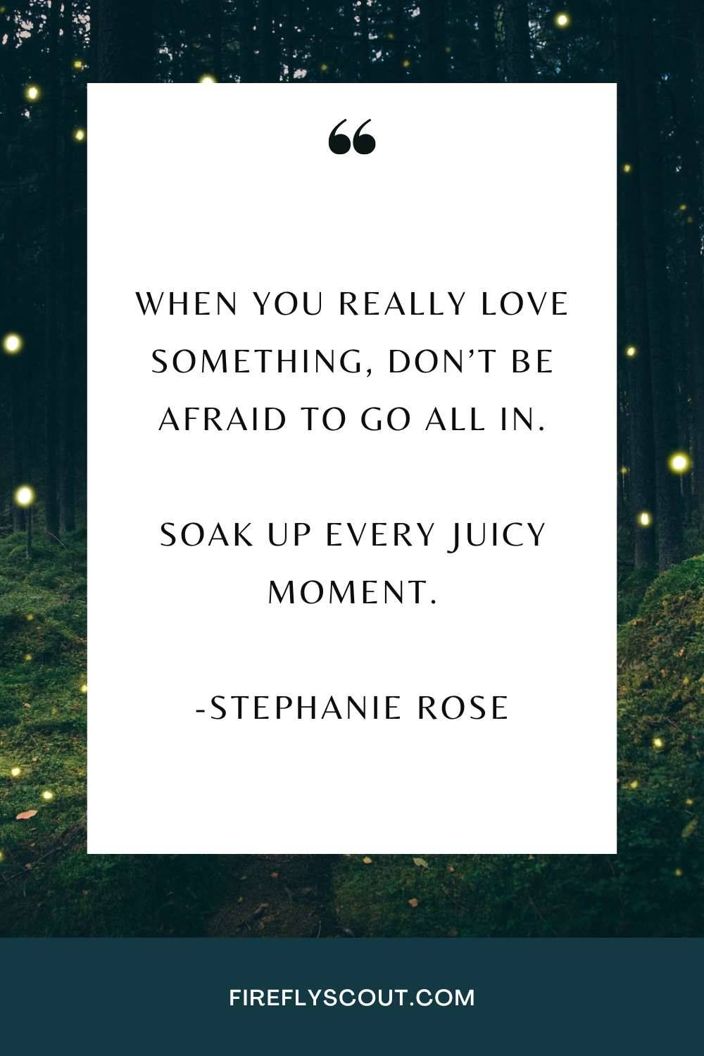 Quote card over image of fireflies with an inspirintg quote about life 