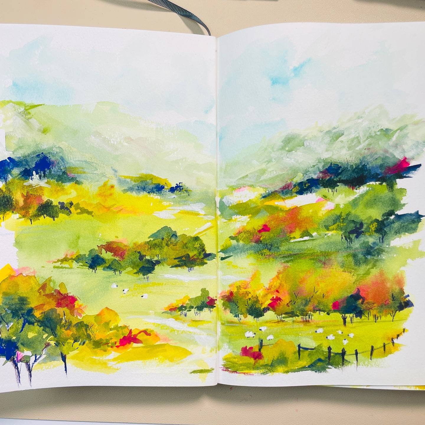 Happy New Year! I started off my first weekend in 2025 by painting with my members ❤️ and I loved it. This is a painting I created during it, in 30 minutes after chatting for most of the session 😂😅 
Oddly enough I didn’t know where it was going but I’m happy with where it arrived. Love the textures, the colours and the little sheep. 

It’s mixed media. Made with mainly watercolour, then a few gouache strokes and pencil details. The watercolour was the favourites palette I created with my members & still love to use. This is the Penultimate page in my @etchr_lab and excited to finish it! 

I haven’t set any New Year’s resolutions yet 😂😅 still thinking about them as I actually want it to stick. 
I don’t have a great philosophical caption 😅 all I can say is that I’m grateful for all the blessings of 2024, the lovely community and most importantly, my family - and I’m excited for what God has in store for us in 2025. May it be a year of joy, blessings, success, good health, creativity and a year even better than our best hopes for it. 

Happy New Year!