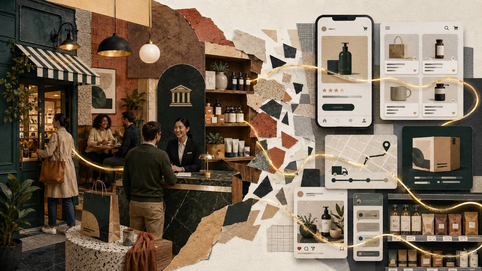 A retail collage showing an in-store experience alongside ecommerce, delivery, social and product channels connected across a fragmented customer journey.