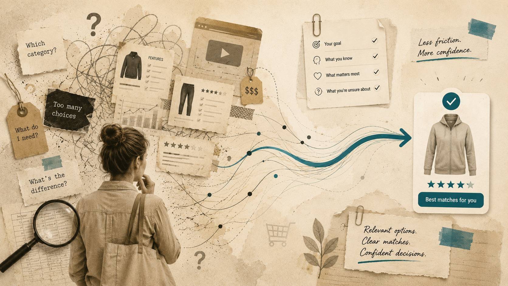 A shopper surrounded by confusing product information follows a clear teal path toward relevant options and a confident purchase decision.
