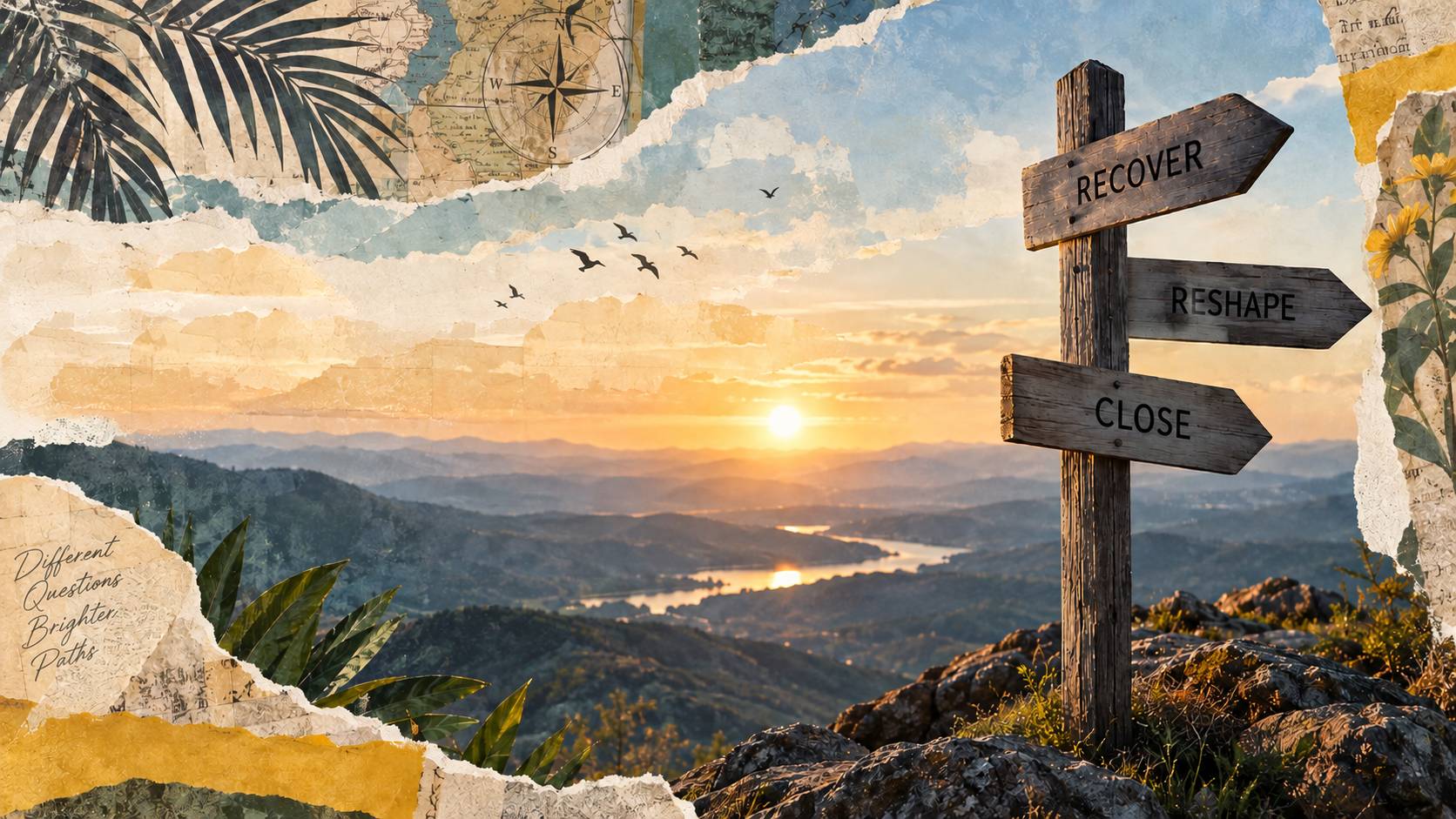 Mixed-media gouache collage of a mountain landscape at sunset with a wooden signpost pointing to Recover, Reshape and Close.