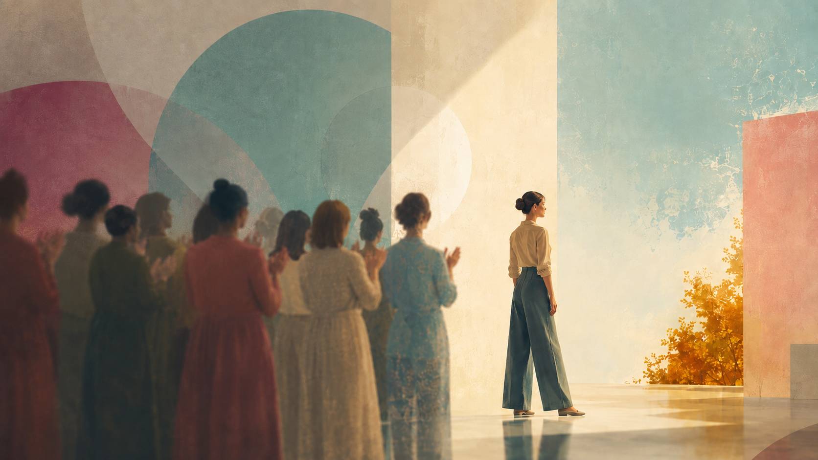 A woman steps into the foreground as a blurred crowd behind her applauds, suggesting recognition, visibility and being seen for one’s contribution.
