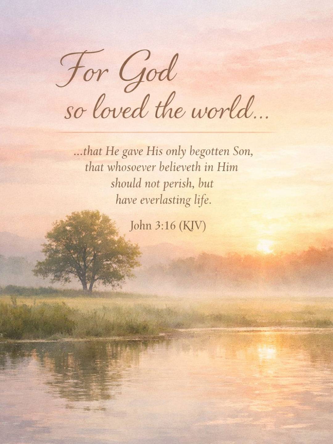 John 3:16 overlay text on a serene meadow scene at sunrise