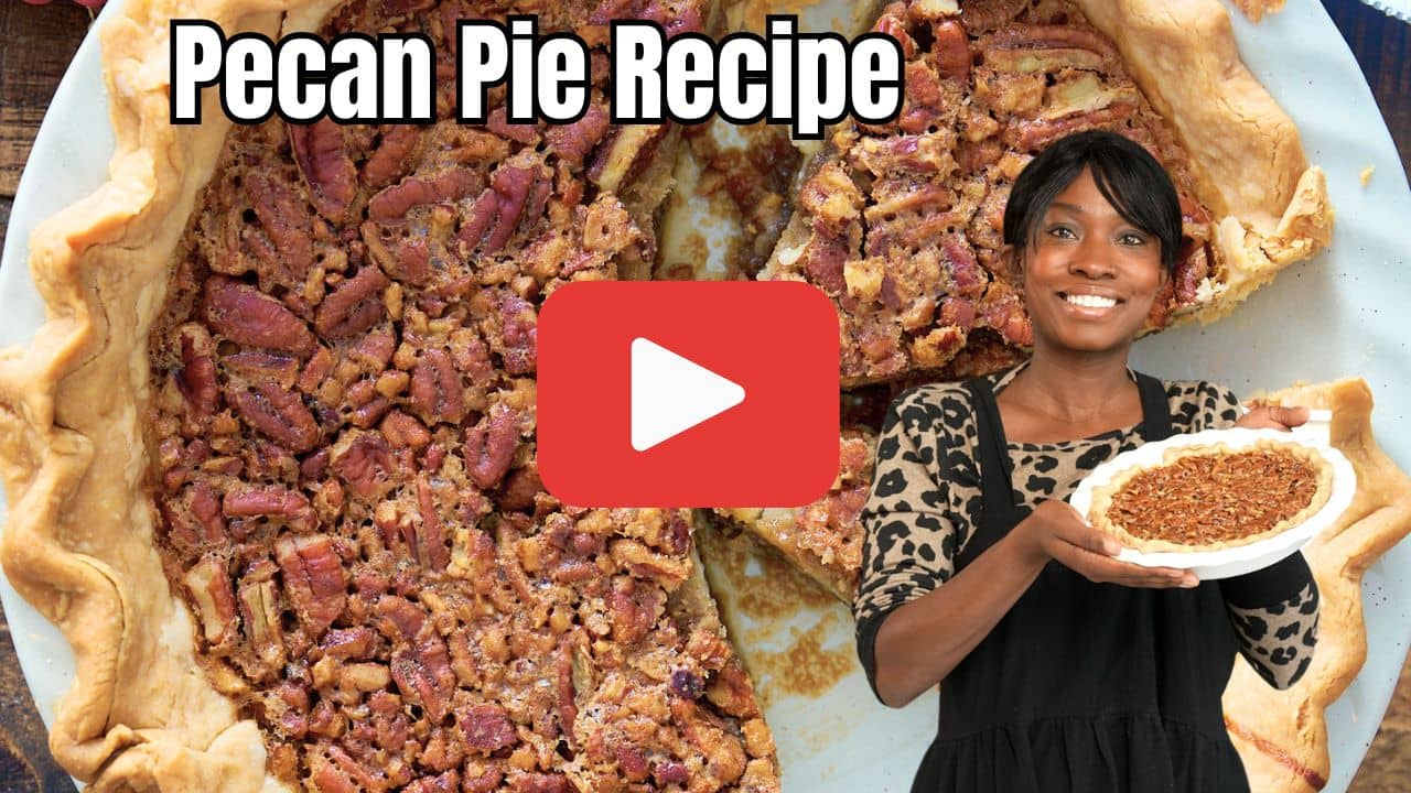 pecan pie youtube thumbnail. pecan pie with text that says pecan pie recipe and tanya holding pie