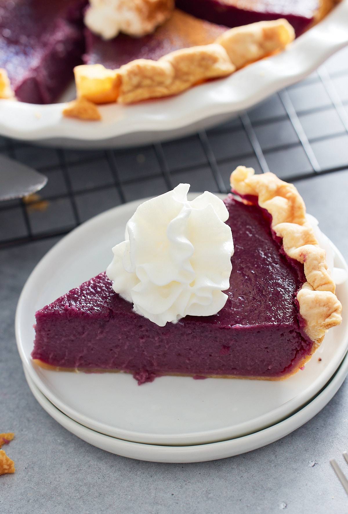 purple sweet potato pie slice on plate