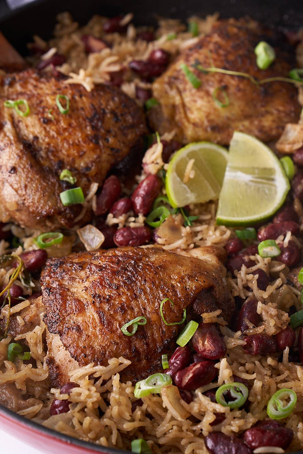 jerk chicken and rice in pan