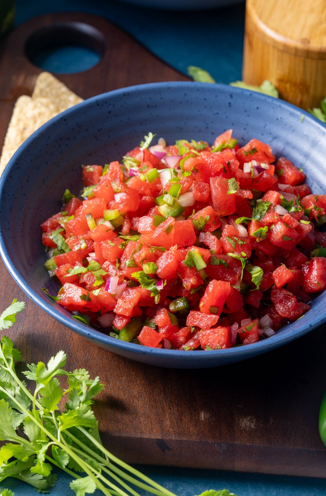 watermelon salsa in blue bowl