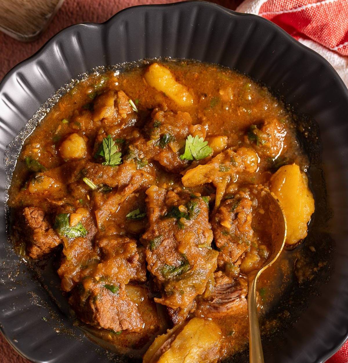 beef stew in bowl with spoon picking it up