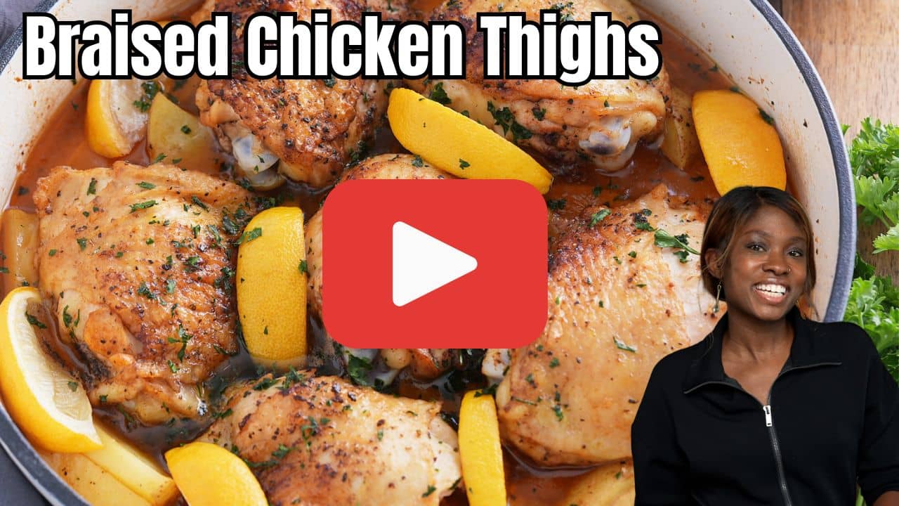 braised chicken thighs youtube thumbnail with play button