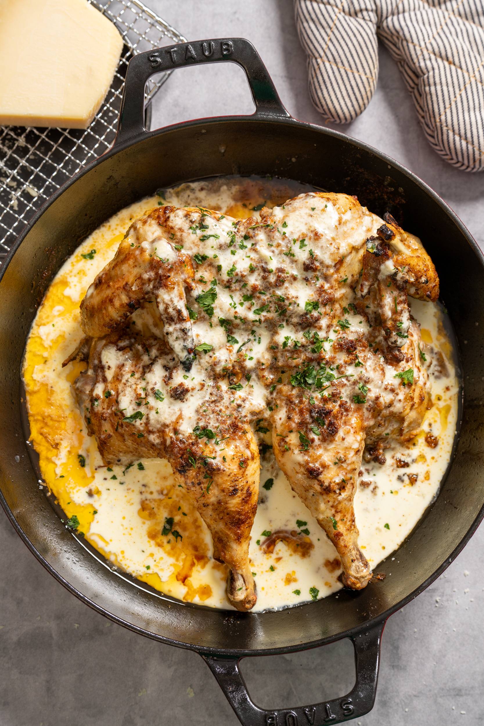 garlic parm chicken in skillet