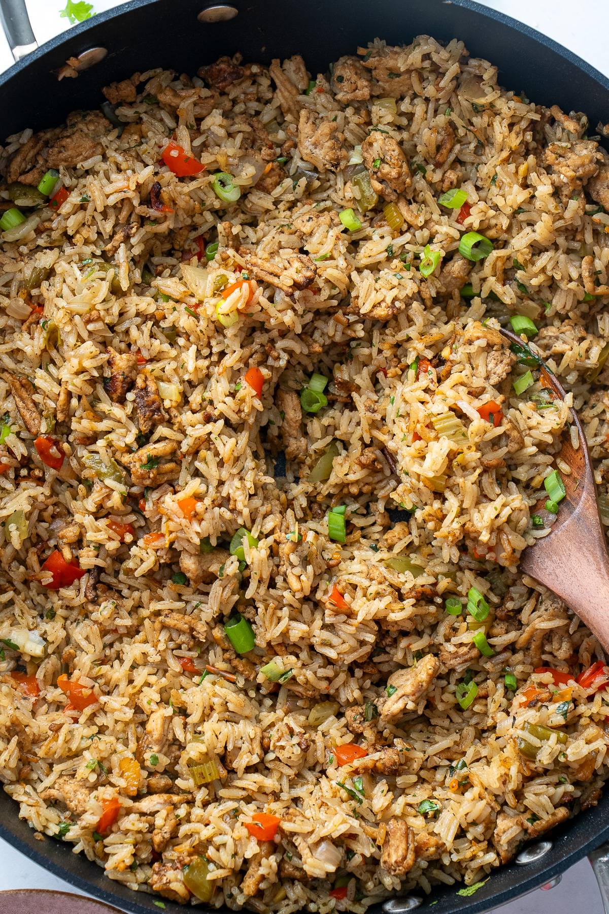 Caribbean dirty rice with spoon picking some up