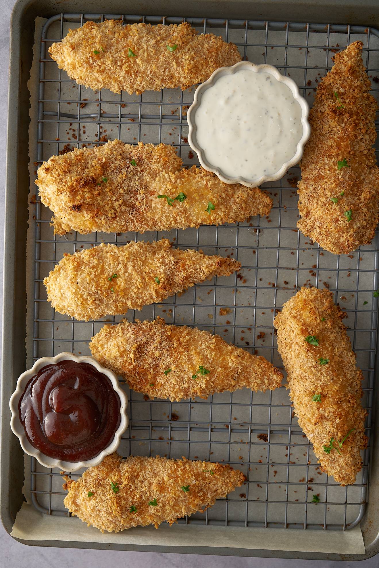 chicken tenders on wire rack baking dish