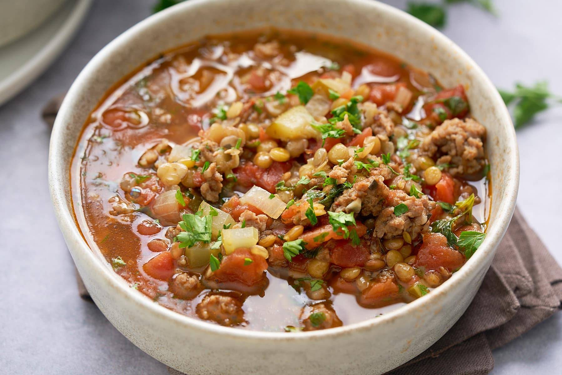 sausage lentil soup in bowl
