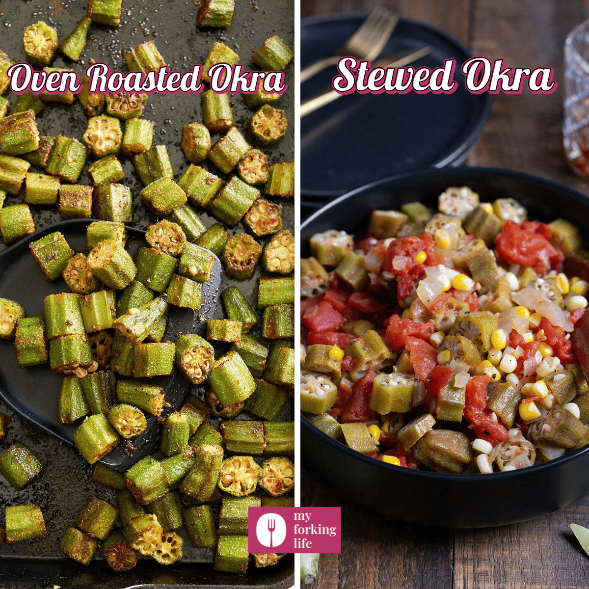 collage of two okra dishes