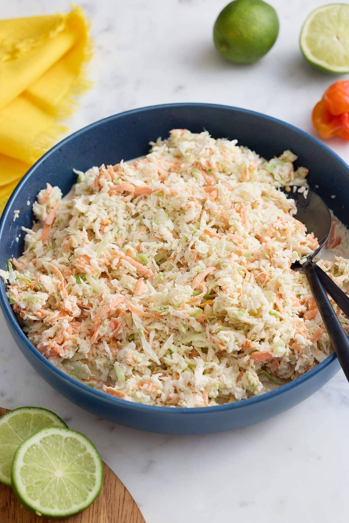 jamaican coleslaw in a blue bowl
