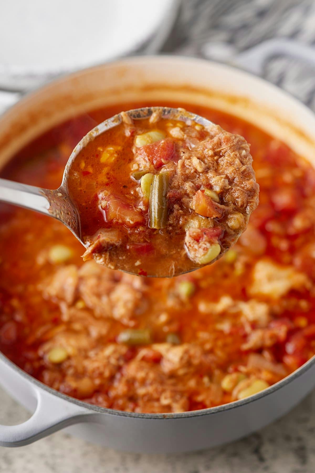 brunswick stew being lifted by spoon