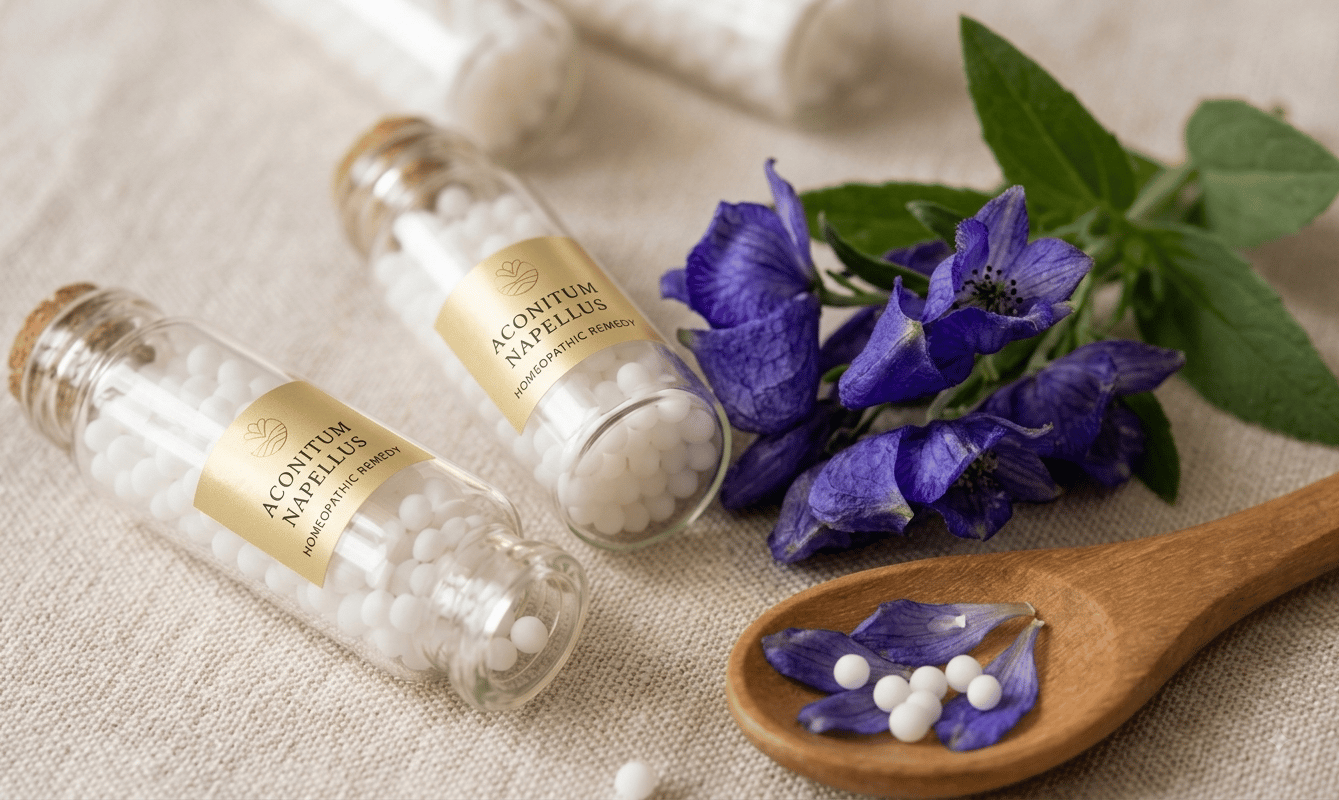 Glass bottle with Aconite homeopathic globules next to deep blue flowers.