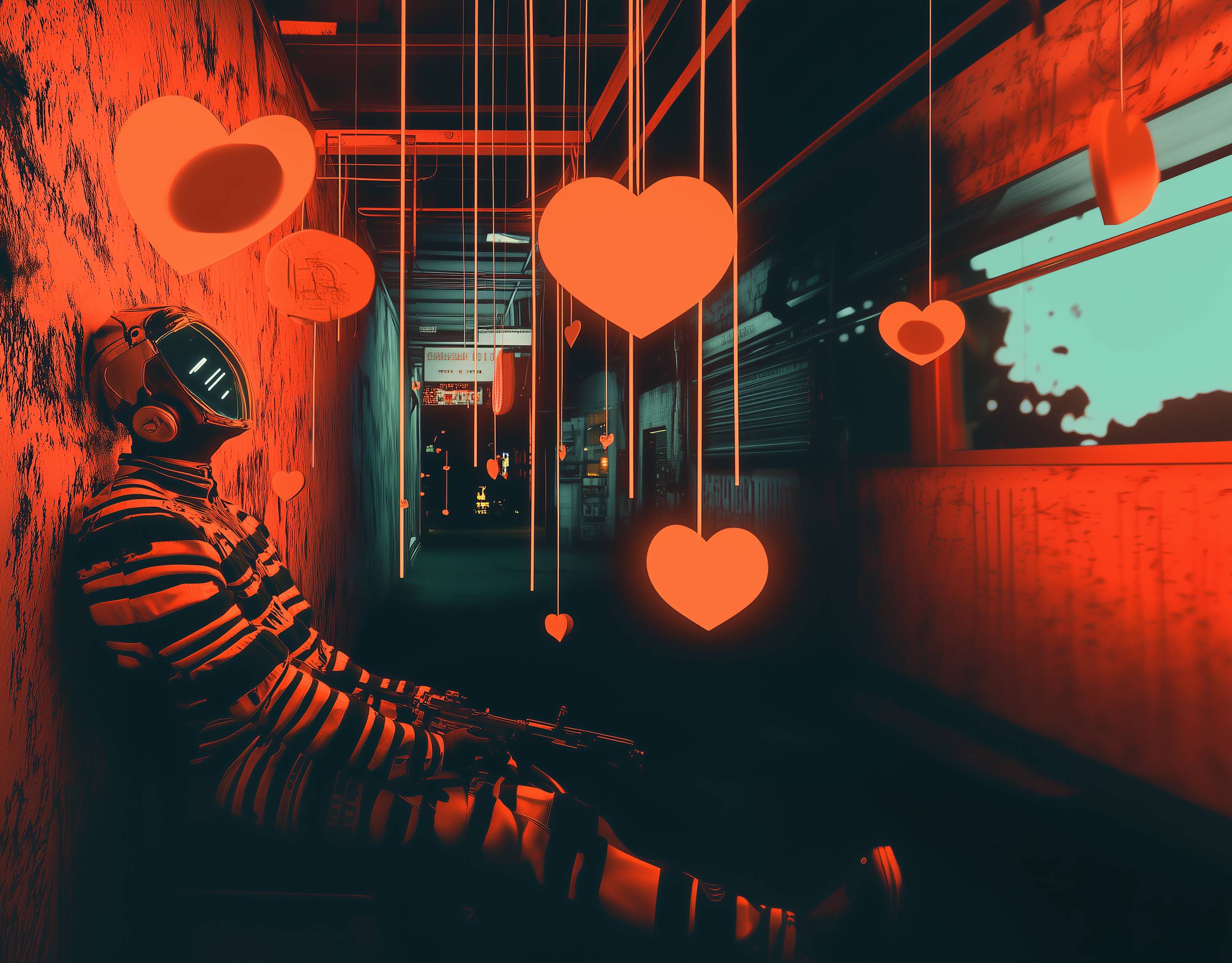 A futuristic figure wearing a helmet sits against a wall in a dimly lit corridor, illuminated by a red-orange glow. The helmet has a visor displaying illuminated horizontal lines. The figure is dressed in a striped outfit and holds what appears to be a ri