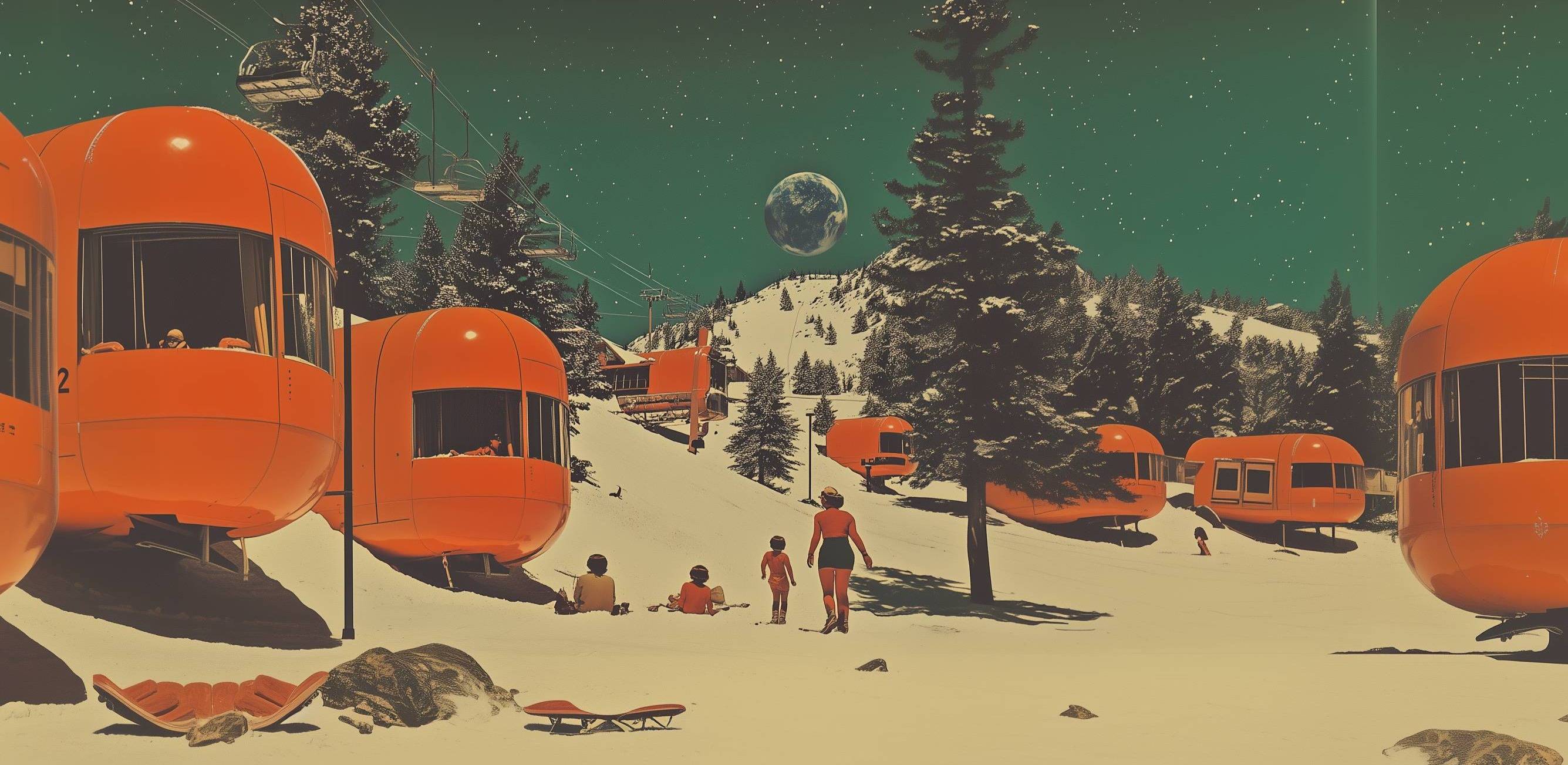 Vintage illustration, outdoor ski slopes, ski lifts, sleek orange camper pods. Image created by Eric Kerr using Midjourney