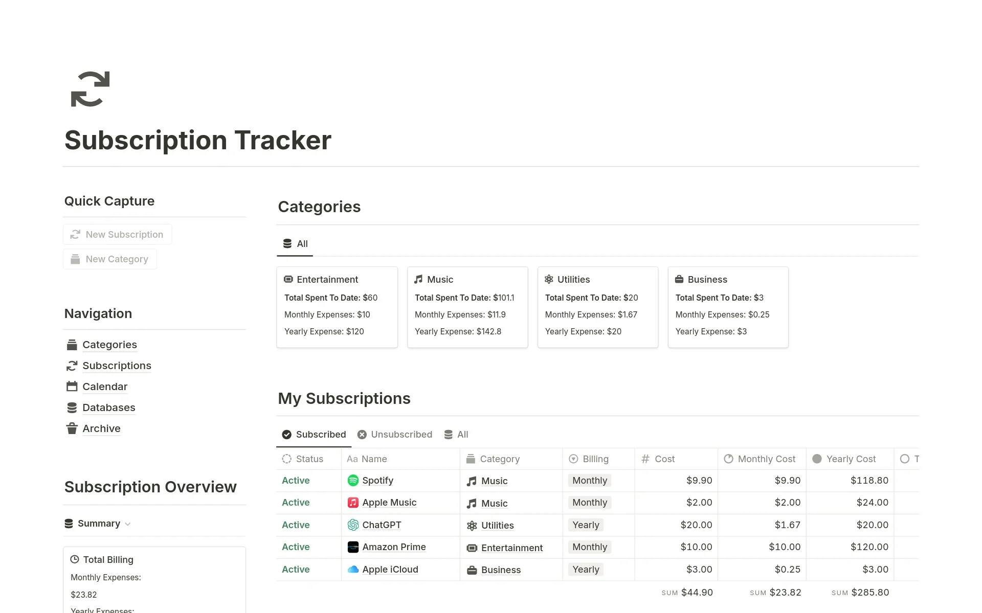 subscription tracker notion template