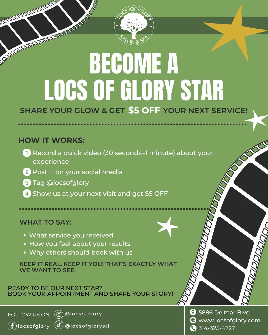 Locs of Glory salon promotion offering $5 off for posting a client experience video review on social media