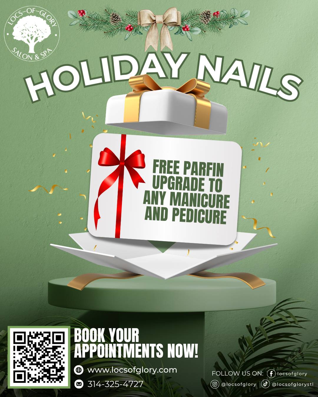 Holiday nail special at Locs of Glory – free paraffin upgrade with any manicure or pedicure in December.