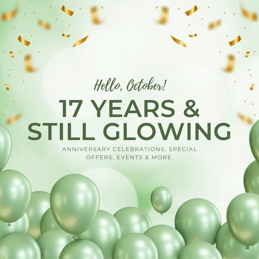 October newsletter cover celebrating Locs of Glory’s 17th anniversary, featuring green balloons, gold confetti, and “17 Years & Still Glowing” with anniversary specials, events, and more.