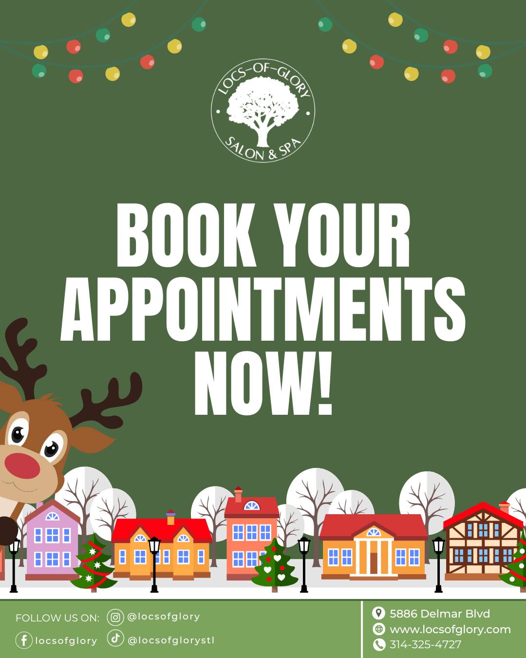 December beauty deals at Locs of Glory – holiday facial, chair facial with Lo, festive nail art, and appointment booking details.