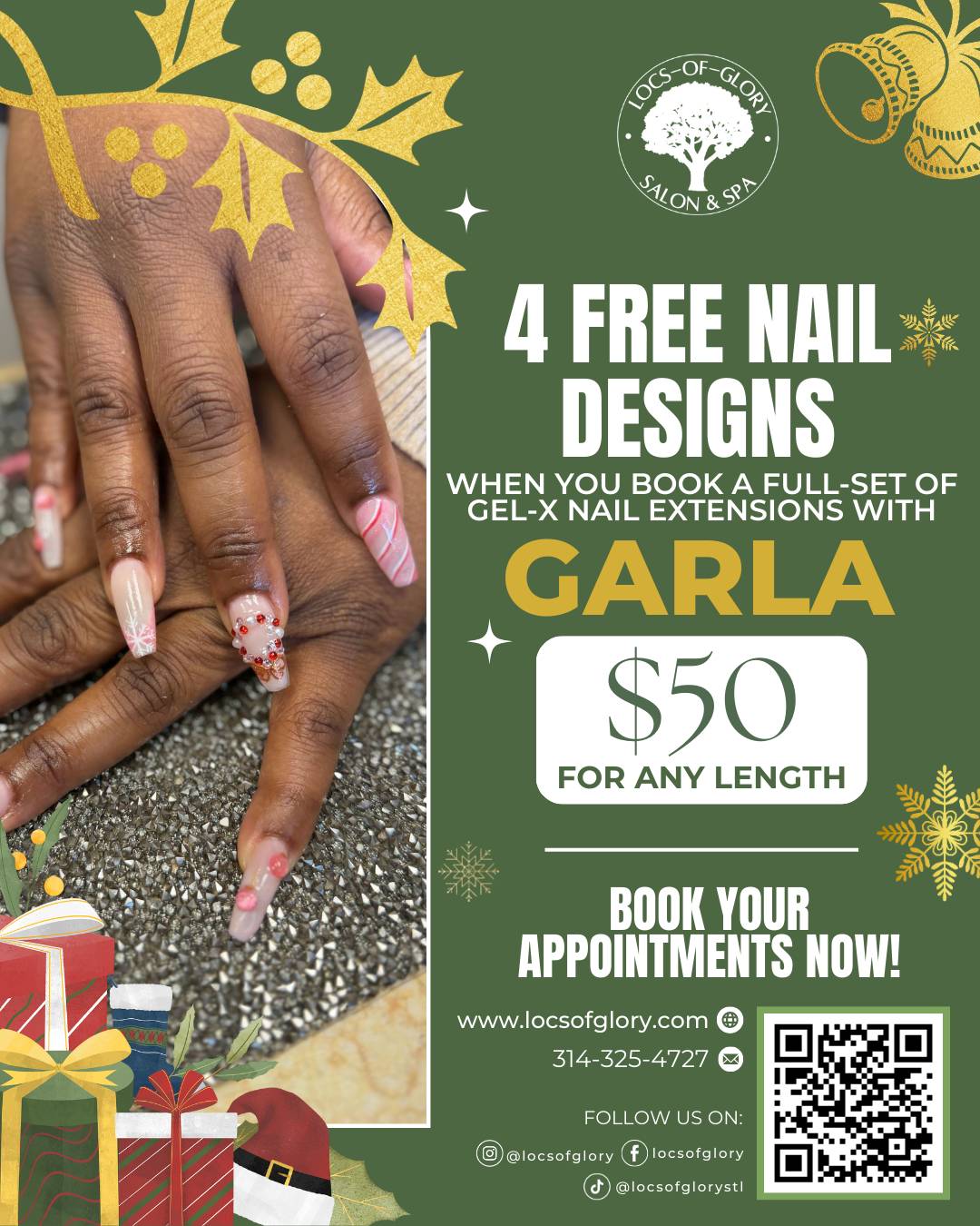 December beauty deals at Locs of Glory – holiday facial, chair facial with Lo, festive nail art, and appointment booking details.