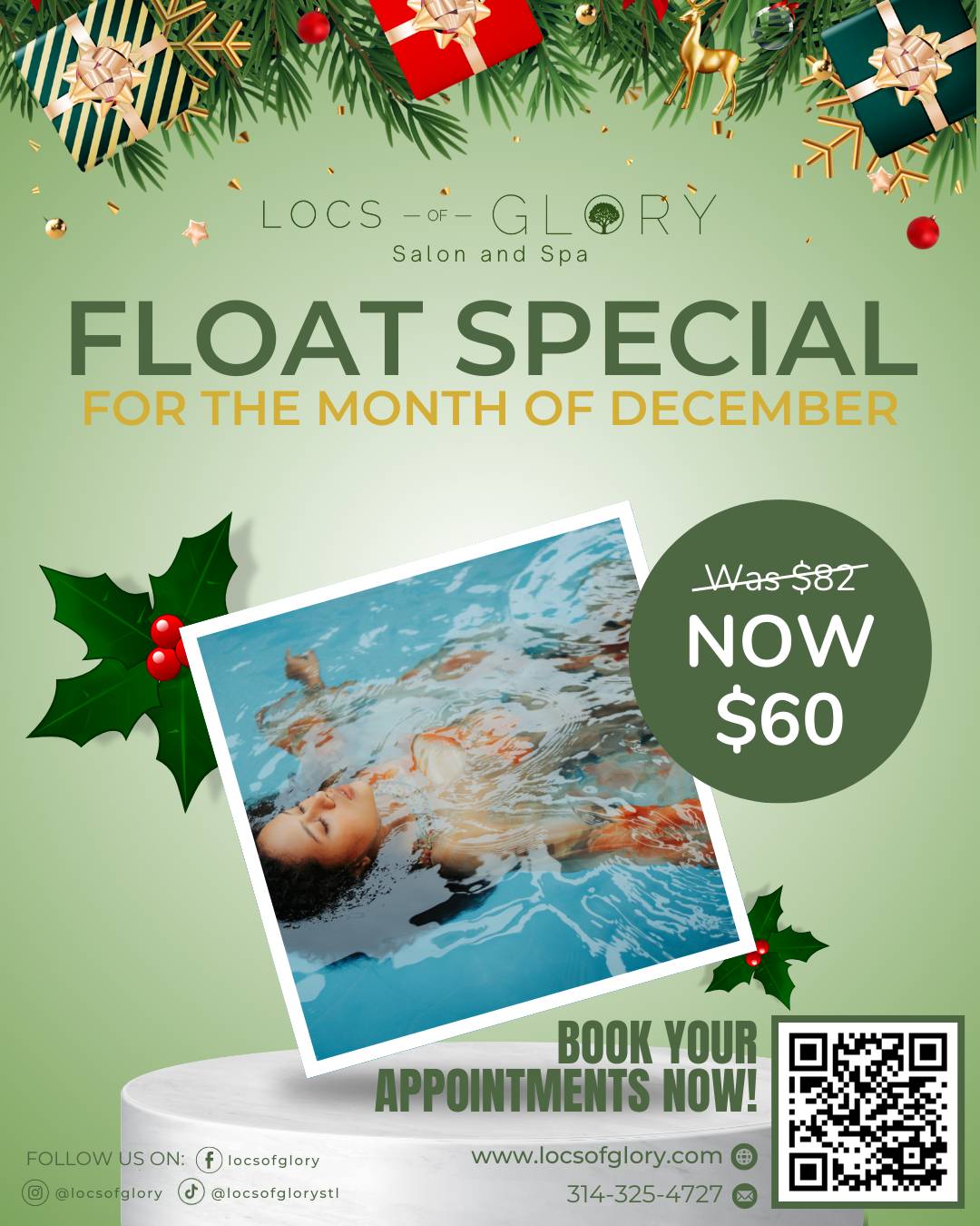 December float therapy deals – $60 float special, $70 float with free sauna, and weekend combo offers. Book now at Locs of Glory.