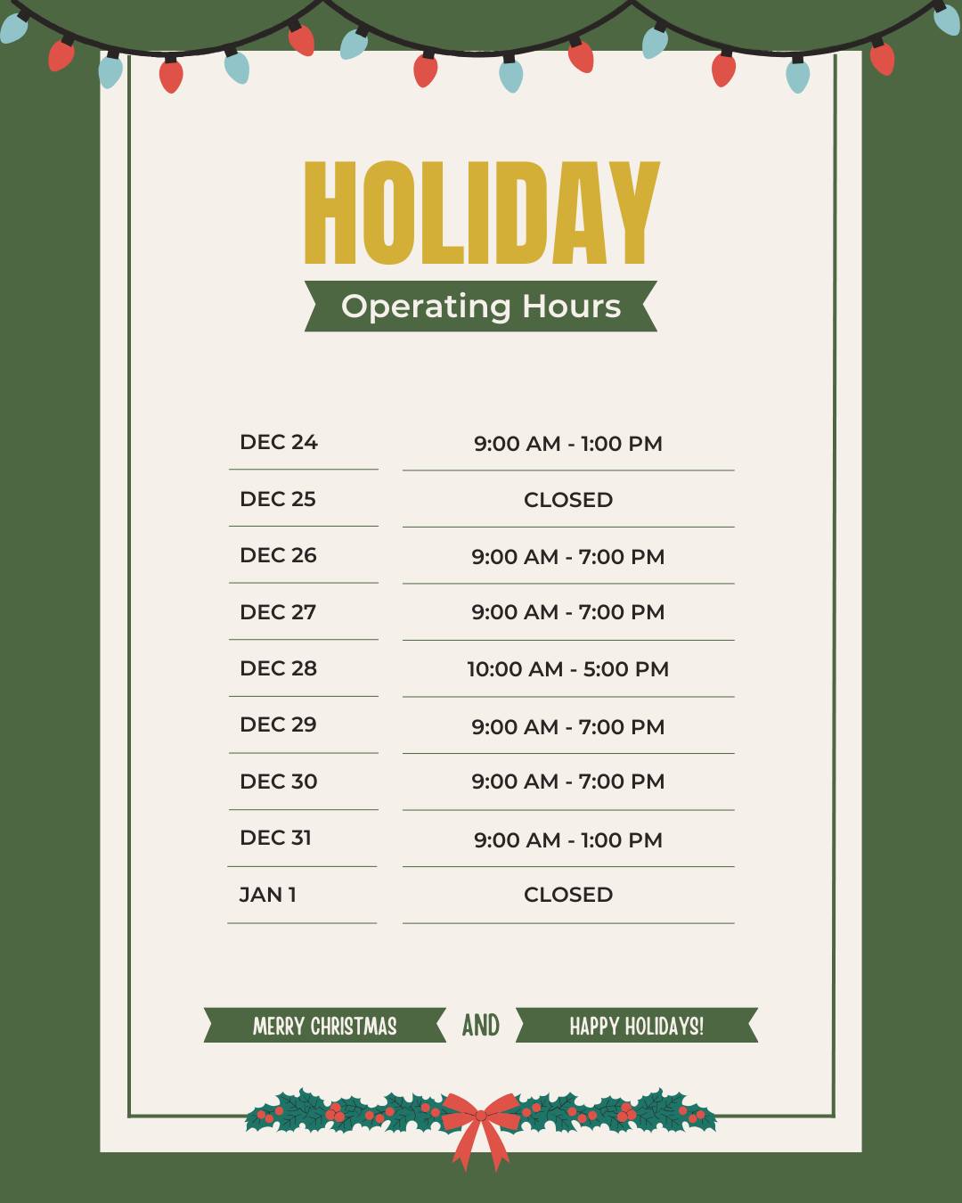 Locs of Glory holiday hours poster with festive lights and greenery. Includes December holiday closures and adjusted open times.