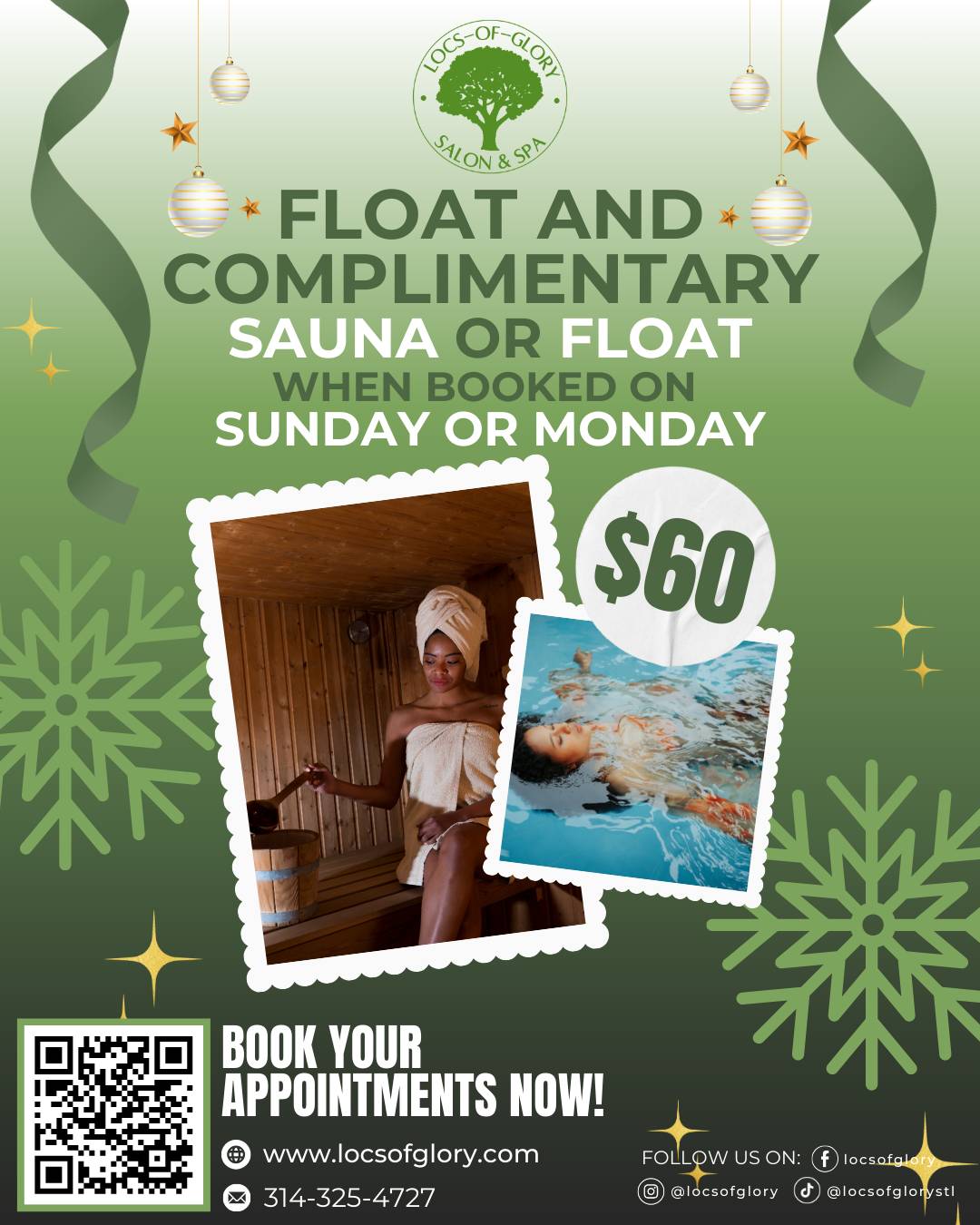 December float therapy deals – $60 float special, $70 float with free sauna, and weekend combo offers. Book now at Locs of Glory.