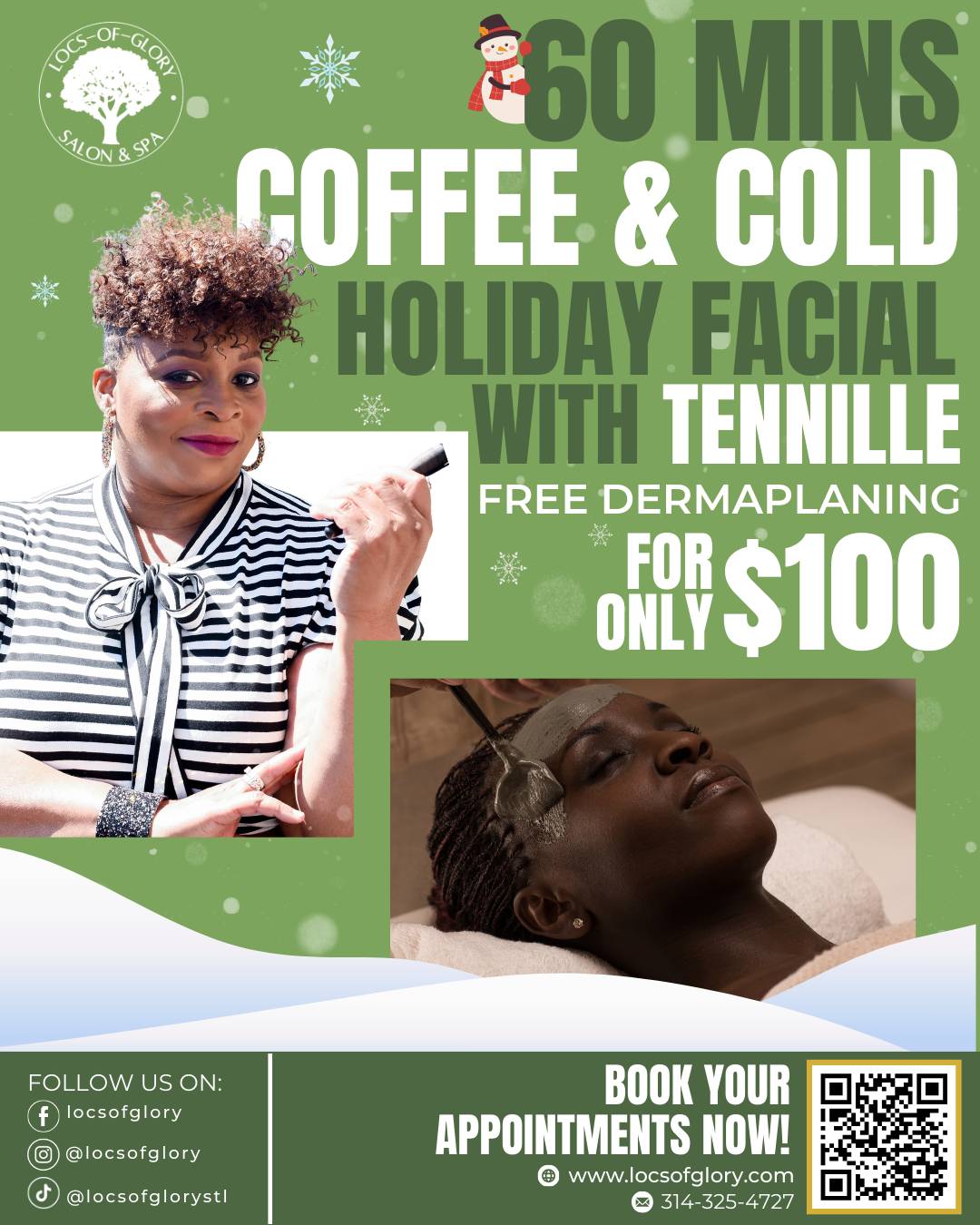 December beauty deals at Locs of Glory – holiday facial, chair facial with Lo, festive nail art, and appointment booking details.