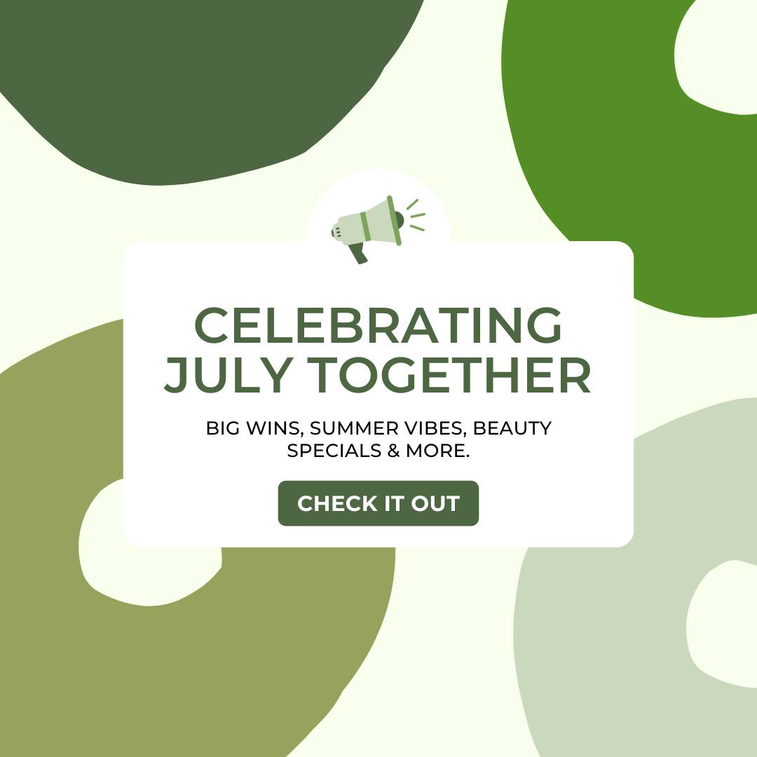 July newsletter cover featuring award-winning beauty services, summer specials, community events, wellness experiences, and updates from Locs of Glory Salon & Spa.