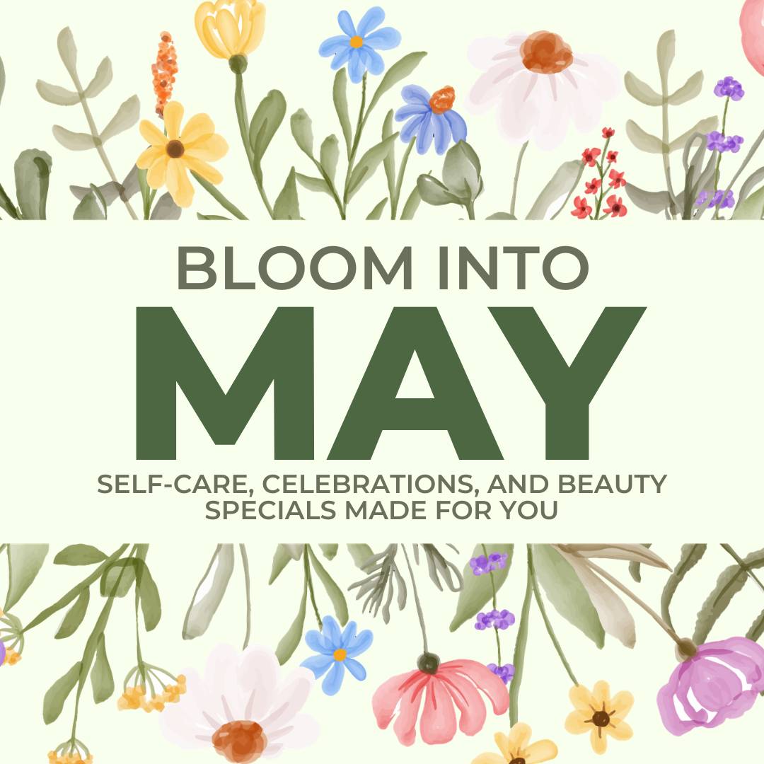 Floral May newsletter cover featuring “Bloom Into May” with self-care, beauty specials, and celebration updates from Locs of Glory Salon and Spa.