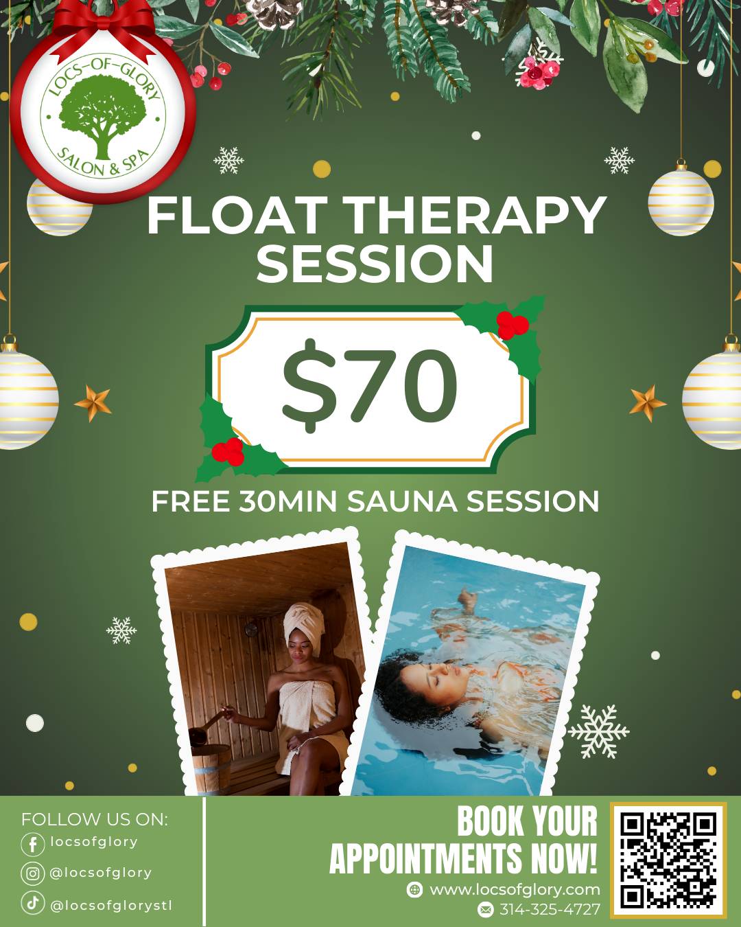 December float therapy deals – $60 float special, $70 float with free sauna, and weekend combo offers. Book now at Locs of Glory.