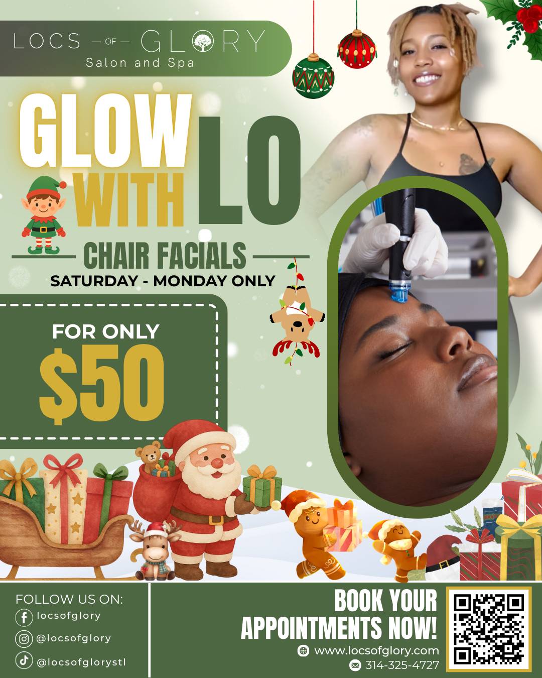 December beauty deals at Locs of Glory – holiday facial, chair facial with Lo, festive nail art, and appointment booking details.