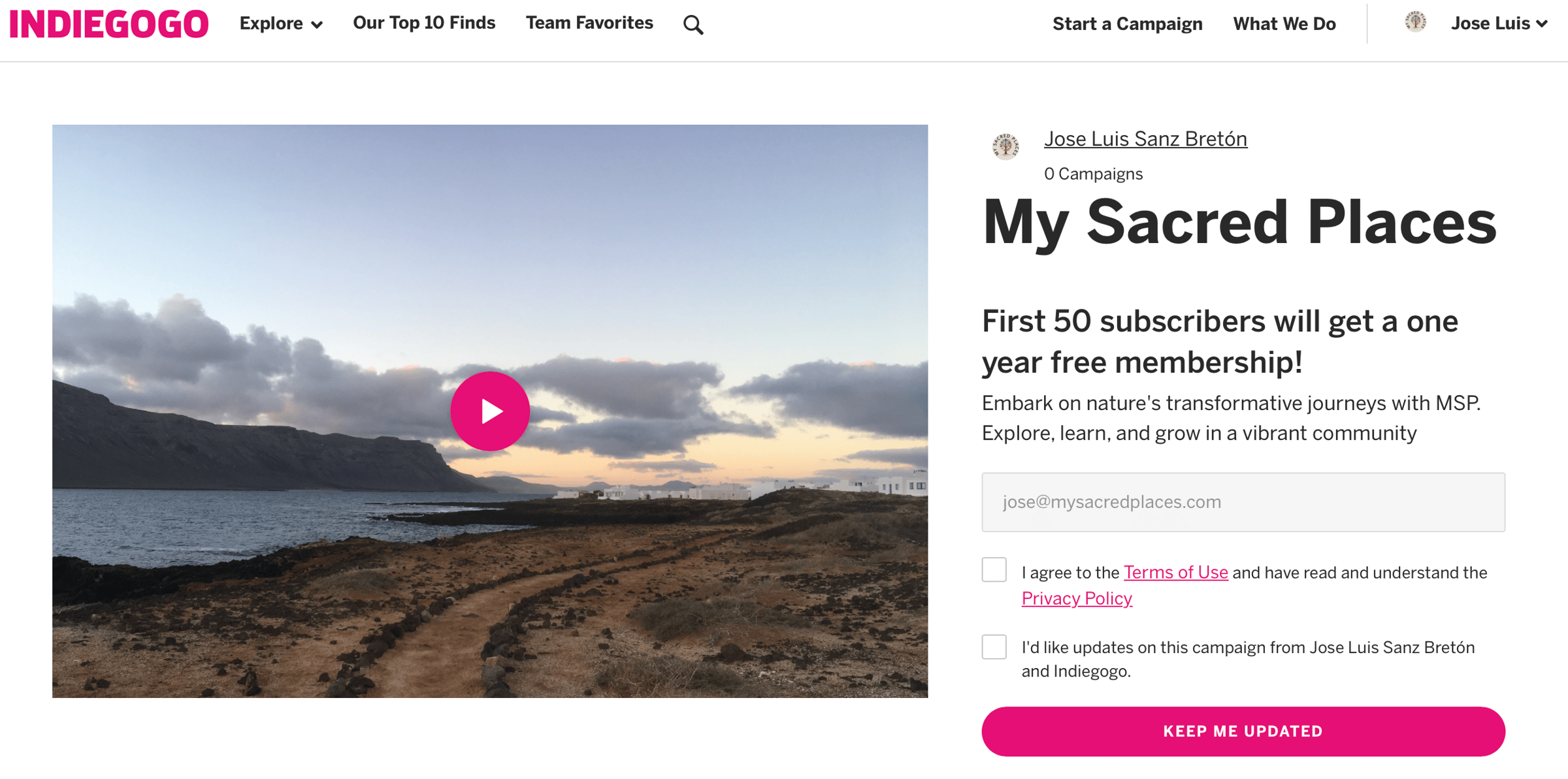 Snapshot of My Sacred Places Indiegogo Pre-launch Campaign