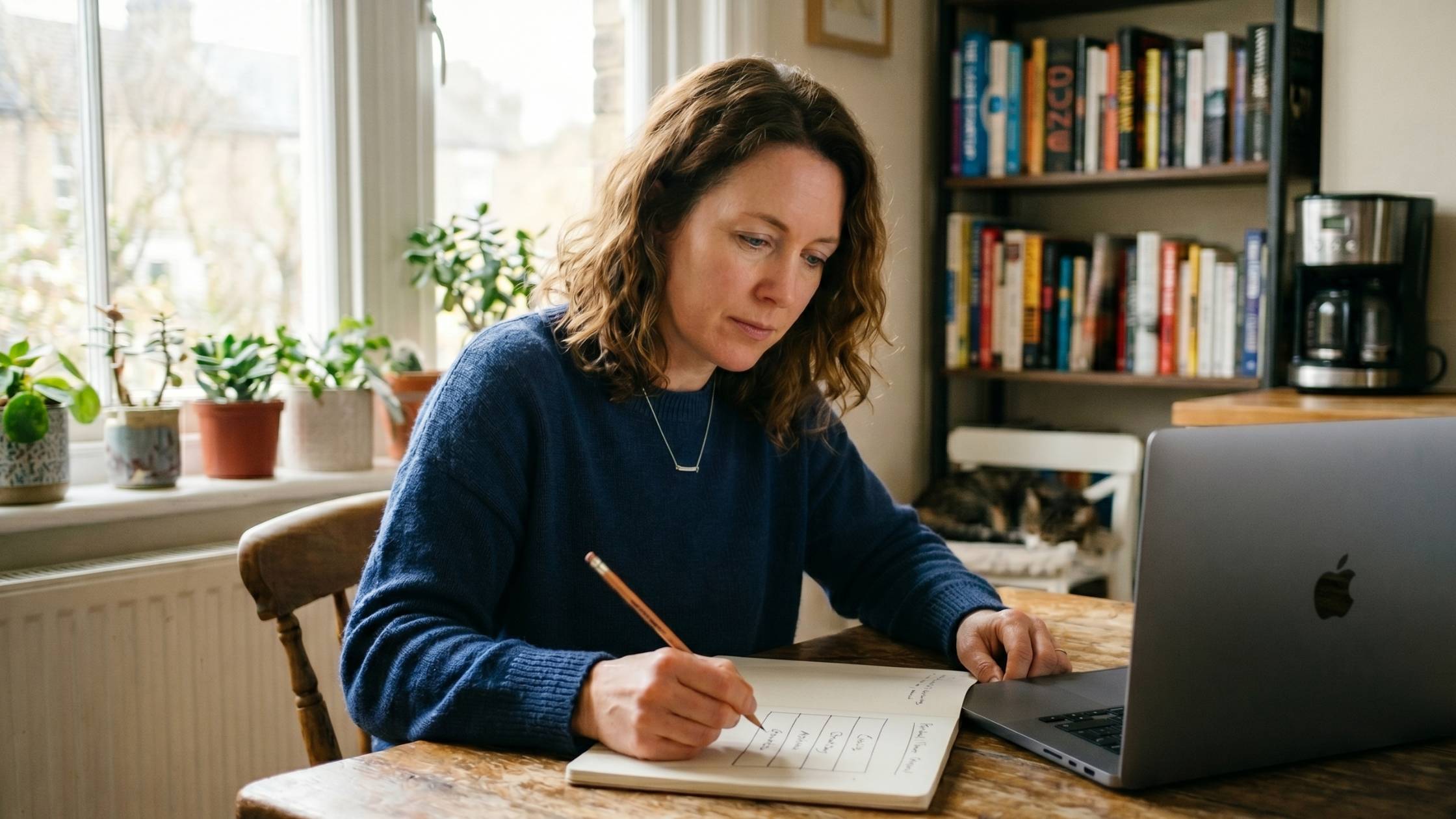 Founder working at a desk writing context files for a Claude marketing setup