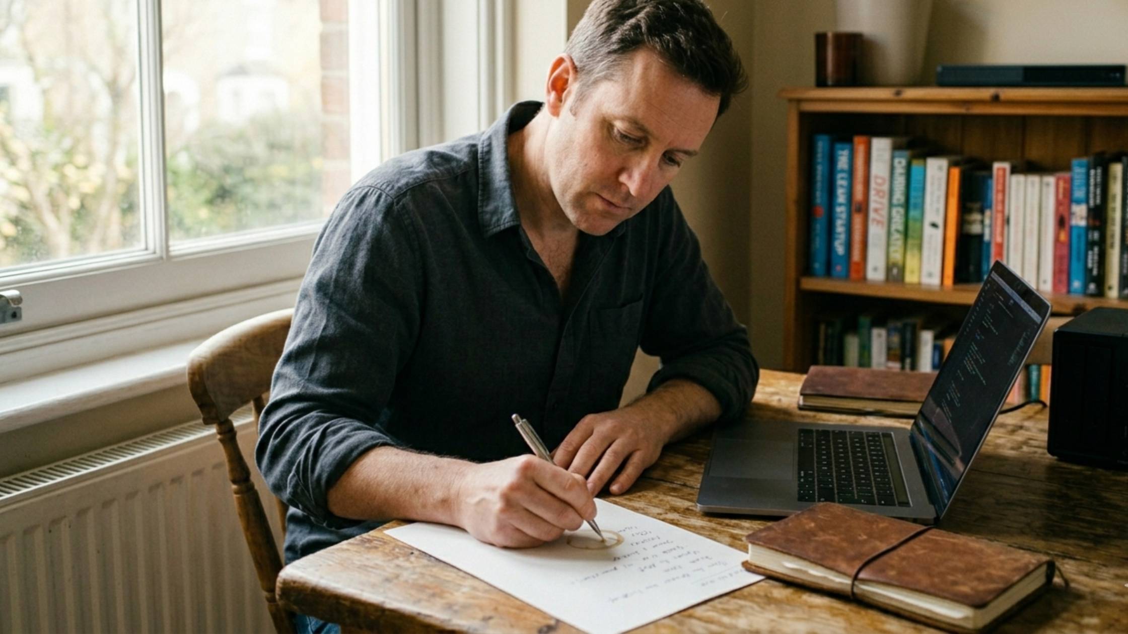 A founder at a desk reviewing data infrastructure decisions with a local NAS device visible