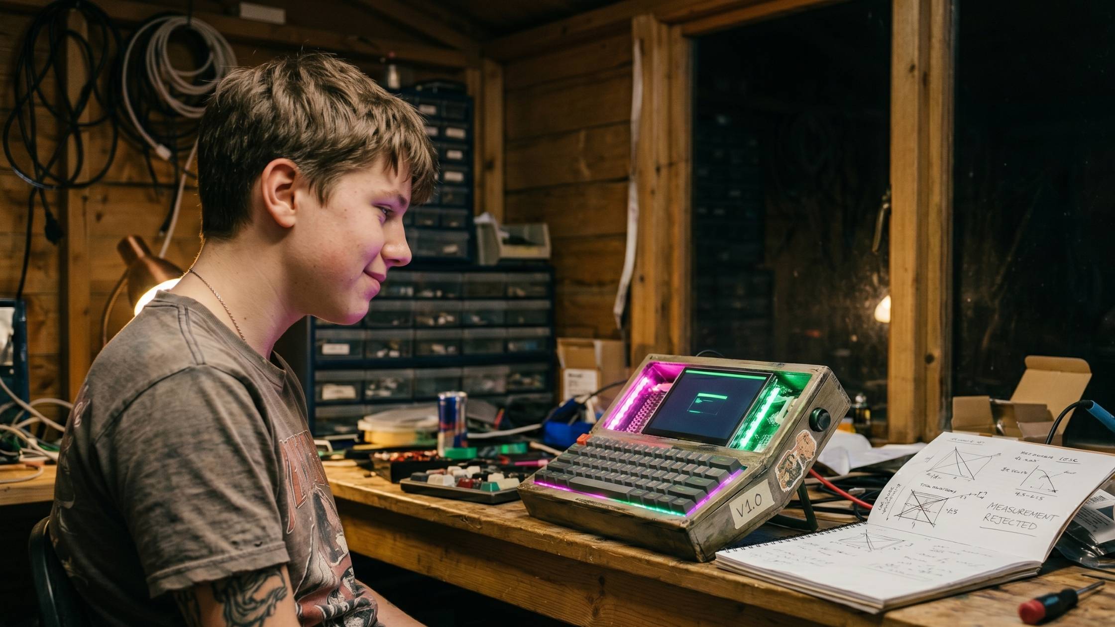 A teenager in a garden shed with their completed cyberdeck glowing with LED light, representing the head of the adoption curve
