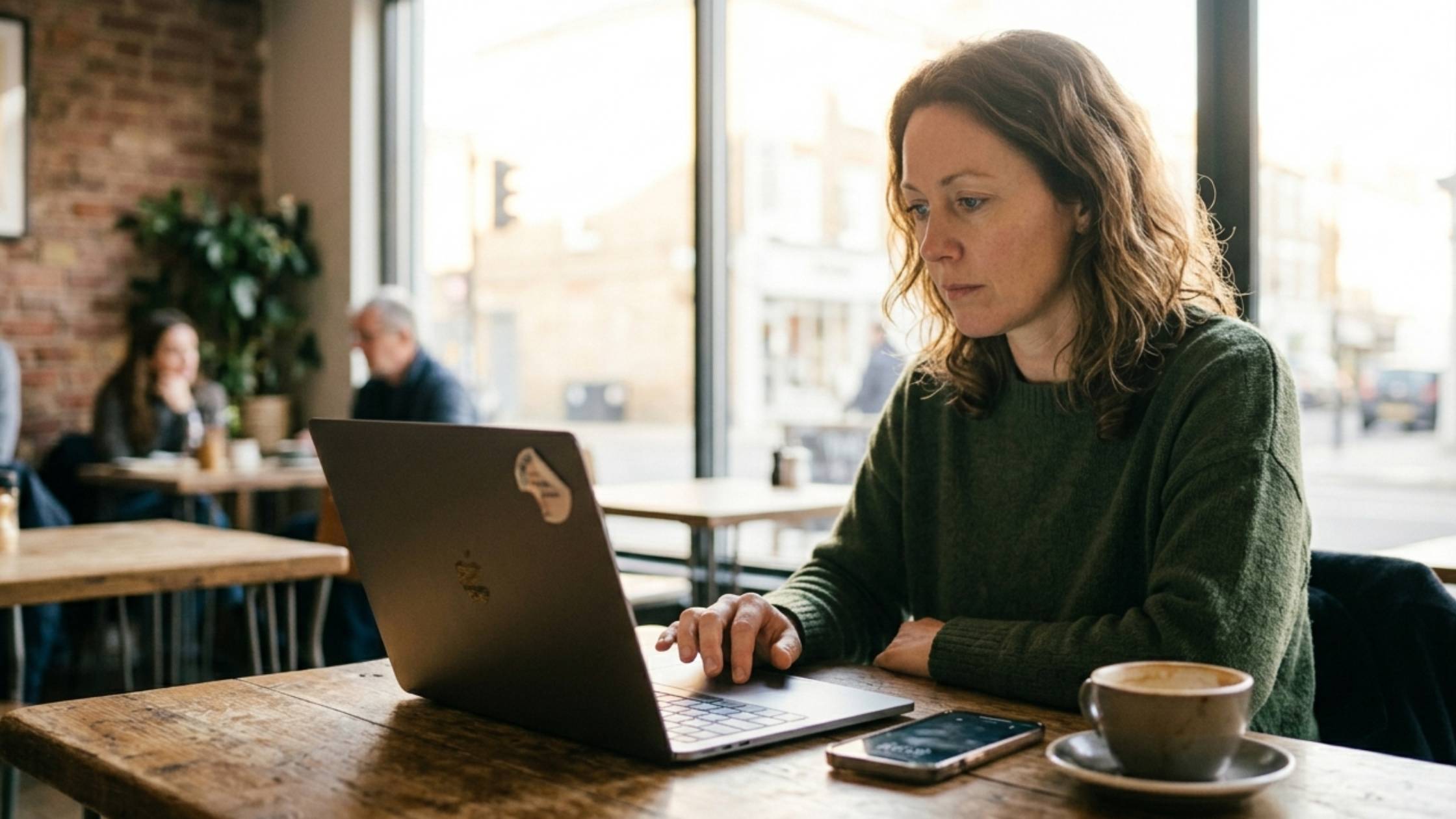 Person in a cafe scrolling on a laptop, representing the 62 percent of consumers who feel resigned about data privacy