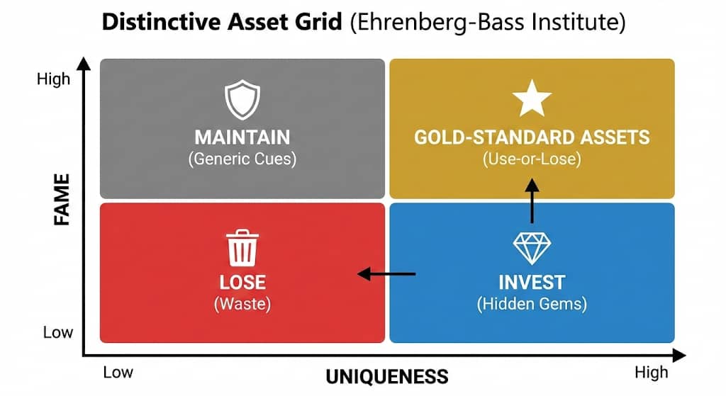 Distinctive Asset Grid showing how fame and uniqueness combine to create strong brand assets