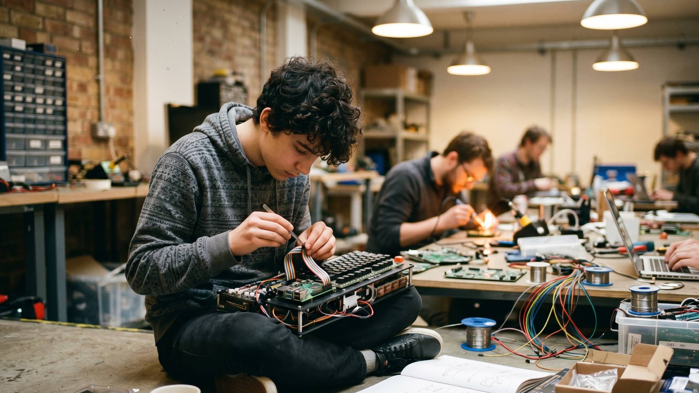 A young person in a hackerspace connecting components on a cyberdeck, part of the growing open source counter-movement