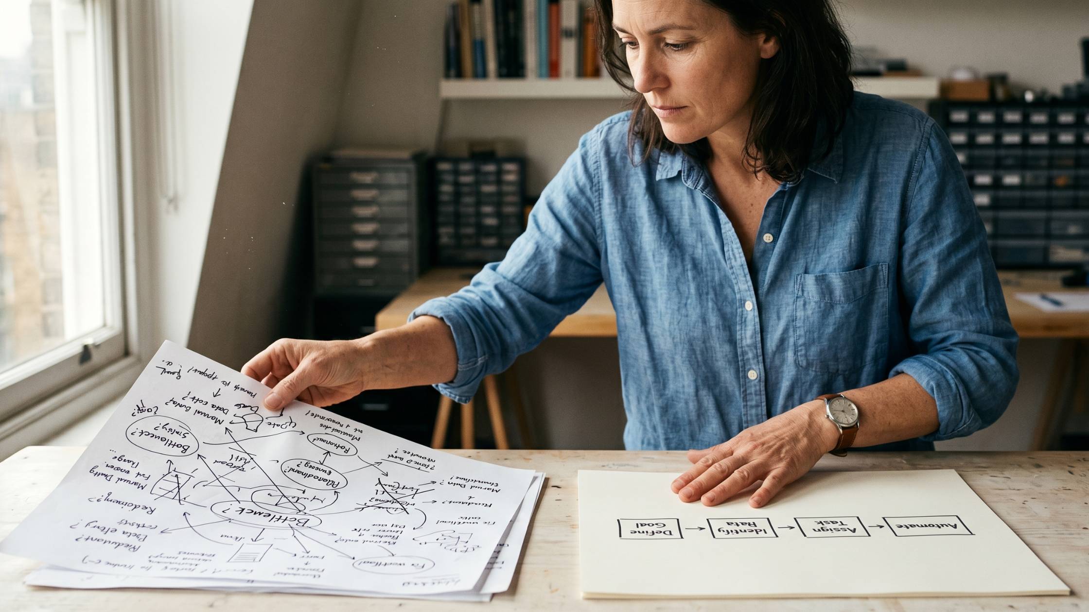 A founder at their desk reviewing workflow documentation before making AI investment decisions