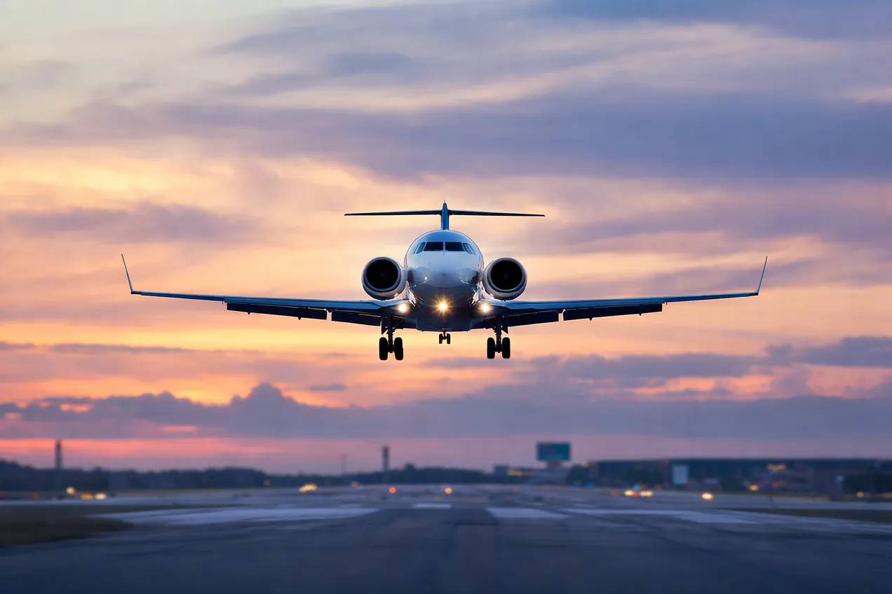 Regional jet approaching a runway at sunset, representing a later-in-life transition into an airline pilot career.